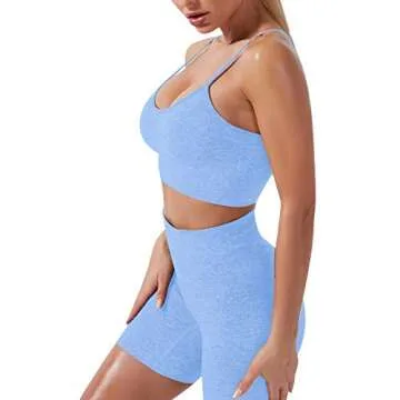 Women Seamless Yoga Outfits 3 Pieces Workout Set Short Sleeve Crop Top High Waisted Running Biker Shorts Leggings Pants Sports Bra Athletic Gym Clothes Jogging Activewear Tracksuit Light Blue Small
