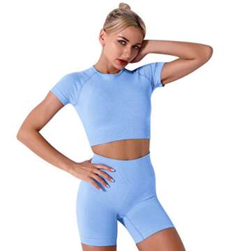 Women Seamless Yoga Outfits 3 Pieces Workout Set Short Sleeve Crop Top High Waisted Running Biker Shorts Leggings Pants Sports Bra Athletic Gym Clothes Jogging Activewear Tracksuit Light Blue Small