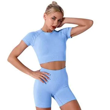 Women Seamless Yoga Outfits 3 Pieces Workout Set Short Sleeve Crop Top High Waisted Running Biker Shorts Leggings Pants Sports Bra Athletic Gym Clothes Jogging Activewear Tracksuit Light Blue Small