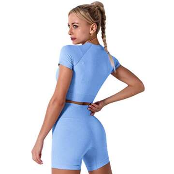 Women Seamless Yoga Outfits 3 Pieces Workout Set Short Sleeve Crop Top High Waisted Running Biker Shorts Leggings Pants Sports Bra Athletic Gym Clothes Jogging Activewear Tracksuit Light Blue Small