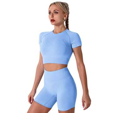 Women Seamless Yoga Outfits 3 Pieces Workout Set Short Sleeve Crop Top High Waisted Running Biker Shorts Leggings Pants Sports Bra Athletic Gym Clothes Jogging Activewear Tracksuit Light Blue Small