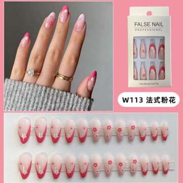 24pcs Press on Nails Almond False Nails Full Cover with Pink White Flower Designs Acrylic Nails Long Pink French Tip Sticks on Nails for Women Girls Summer Nails Supplies Decorations