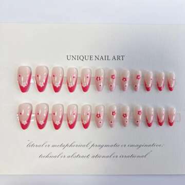 24pcs Press on Nails Almond False Nails Full Cover with Pink White Flower Designs Acrylic Nails Long Pink French Tip Sticks on Nails for Women Girls Summer Nails Supplies Decorations