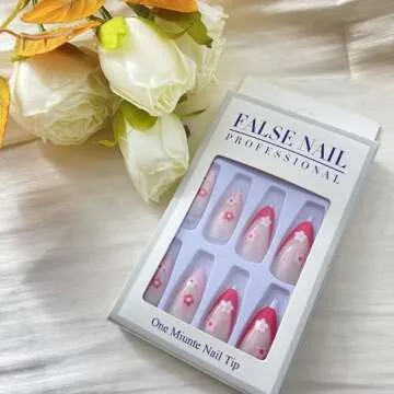 24pcs Press on Nails Almond False Nails Full Cover with Pink White Flower Designs Acrylic Nails Long Pink French Tip Sticks on Nails for Women Girls Summer Nails Supplies Decorations