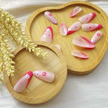 24pcs Press on Nails Almond False Nails Full Cover with Pink White Flower Designs Acrylic Nails Long Pink French Tip Sticks on Nails for Women Girls Summer Nails Supplies Decorations