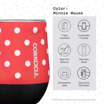 Corkcicle Disney Minnie Insulated Canteen Travel Water Bottle, Triple Insulated with Easy Grip, Keeps Beverages Cold for 25 Hours or Warm for 12 Hours, 16 oz, Polka Dot Red