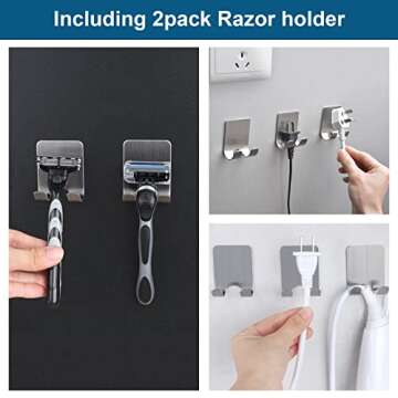 Diesisa Razor Holder for Shower + Adhesive Wall Hooks, Premium 304 Stainless Steel Shower Razor Holder with Heavy Duty Waterproof Sticky Hooks for Hanging Towels, Coat, hat (2+2 Pack)