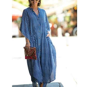 Bsubseach Button Down Kaftan Dress for Women Beach Cover Up Caftans Oversized Beach Wear Long Kimonos Swimsuit Coverup Blue Striped