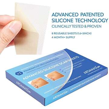 Aroamas Scar Silicone Scar Tape– Softens & Flattens Scars from Surgery, Injury, Burns, C-Section, Scratch Marks – Reusable Medical-Grade Silicone Scar Sheets for All Skin Types [3"x1.57", 8 Sheets]