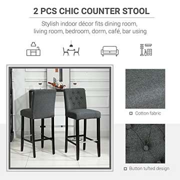 HOMCOM 2 Piece Bar Height Barstools, 30 Inches Linen Upholstered Breakfast Stools, Bar Chairs with Back, Footrest and Solid Wood Leg, Armless Seat for Kitchen, Dining Room, Grey