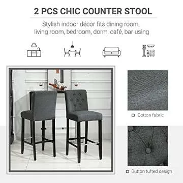 HOMCOM 2 Piece Bar Height Barstools, 30 Inches Linen Upholstered Breakfast Stools, Bar Chairs with Back, Footrest and Solid Wood Leg, Armless Seat for Kitchen, Dining Room, Grey