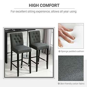 HOMCOM 2 Piece Bar Height Barstools, 30 Inches Linen Upholstered Breakfast Stools, Bar Chairs with Back, Footrest and Solid Wood Leg, Armless Seat for Kitchen, Dining Room, Grey