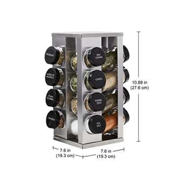 Kamenstein 16 Jar Heritage Revolving Countertop Spice Rack Organizer with Spices Included, FREE Spice Refills for 5 years, Brushed Stainless Steel with Black Caps