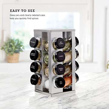 Kamenstein 16 Jar Heritage Revolving Countertop Spice Rack Organizer with Spices Included, FREE Spice Refills for 5 years, Brushed Stainless Steel with Black Caps