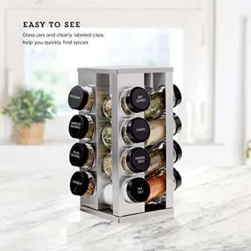 Kamenstein 16 Jar Heritage Revolving Countertop Spice Rack Organizer with Spices Included, FREE Spice Refills for 5 years, Brushed Stainless Steel with Black Caps