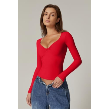 QINSEN Women Twist Front Long Sleeve Tee Shirt Red