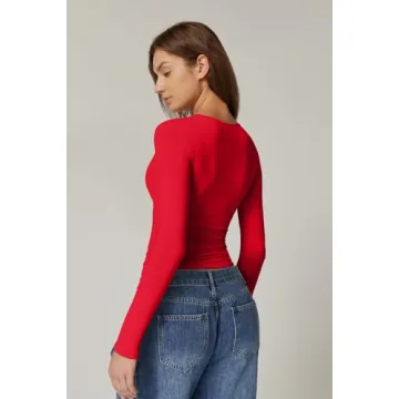 QINSEN Women Twist Front Long Sleeve Tee Shirt Red