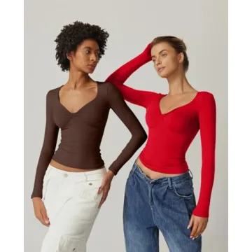 QINSEN Women Twist Front Long Sleeve Tee Shirt Red