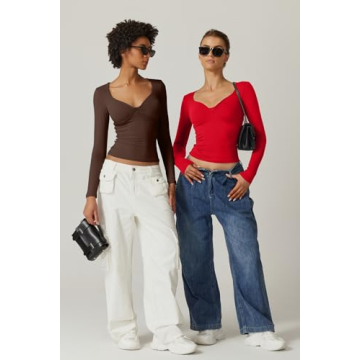 QINSEN Women Twist Front Long Sleeve Tee Shirt Red