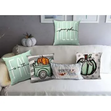 LITIVY Fall Decor Pillow Covers Set of 4 Pumpkin Farmhouse Thanksgiving Decorations Throw Pillows Autumn Cushion Cases for Couch Home Decorative Pillows Cover (18"x18", Green)