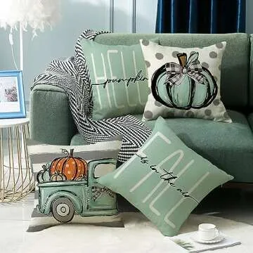 LITIVY Fall Decor Pillow Covers Set of 4 Pumpkin Farmhouse Thanksgiving Decorations Throw Pillows Autumn Cushion Cases for Couch Home Decorative Pillows Cover (18"x18", Green)