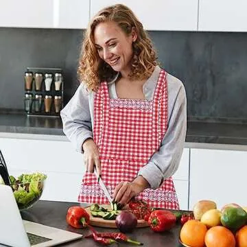 Classic Red and White Gingham Cotton Kitchen Apron