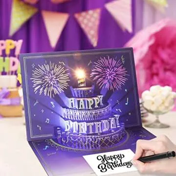 XTF2015 Happy Birthday Cards Fireworks, Lights, Music and Sound Fireworks Cake 3D Pop Up Birthday Cards Gift with Envelope and Note Tag for Women, Men, Kids, Wife, Mom, Husband