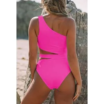 VamJump One Piece Swimsuits Cutout Padded Sexy High Cut One Shoulder Tie Waist Monokini Bathing Suits, Rose Red S