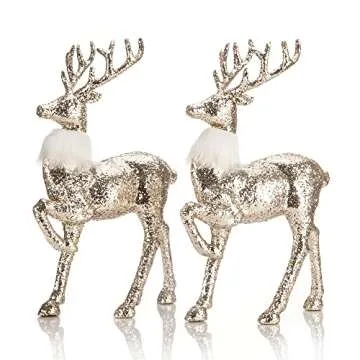 blitzlabs 2 Pack 12'' Golden Sequined Glitter Christmas Reindeer Indoor Homely Creative Furnishing Articles Display Freestanding for Living Room, Tabletop, Kitchen, Mantle, Shelf, Desk Winter Decor