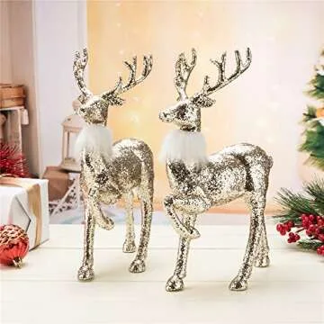 blitzlabs 2 Pack 12'' Golden Sequined Glitter Christmas Reindeer Indoor Homely Creative Furnishing Articles Display Freestanding for Living Room, Tabletop, Kitchen, Mantle, Shelf, Desk Winter Decor