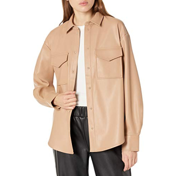The Drop Women's @lisadnyc Luxe Faux Leather Shirt Jacket in Camel