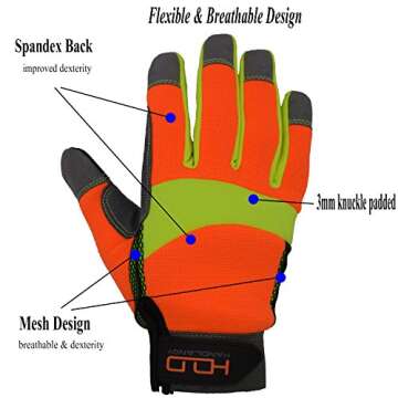 HANDLANDY Hi-vis Reflective Work Gloves, Anti Vibration Safety Gloves, Touch Screen, Orange Flexible...