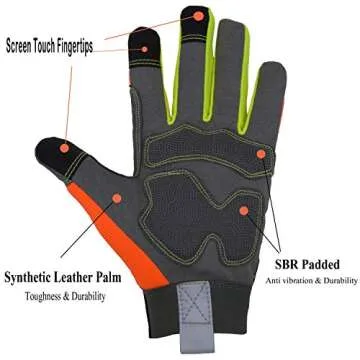 HANDLANDY Hi-vis Reflective Work Gloves, Anti Vibration Safety Gloves, Touch Screen, Orange Flexible Spandex Back Large