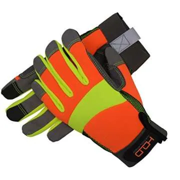 HANDLANDY Hi-vis Reflective Work Gloves, Anti Vibration Safety Gloves, Touch Screen, Orange Flexible Spandex Back Large
