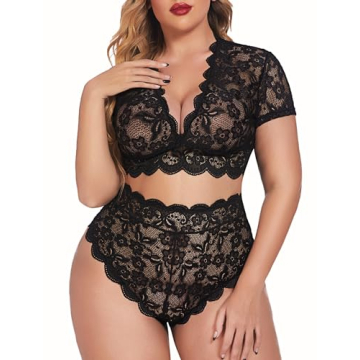 Avidlove Plus Size Floral Lace Scallop Trim Lingerie Set for Every Curve - Black 16W