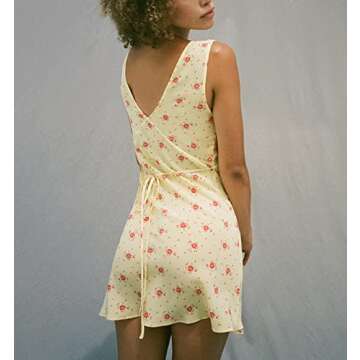 Women Y2k Floral Mini Dress Low Cut Ruched A-line Dress Backless Bodycon Sleeveless Sundress Streetwear C-Yellow