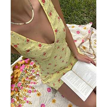 Women Y2k Floral Mini Dress Low Cut Ruched A-line Dress Backless Bodycon Sleeveless Sundress Streetwear C-Yellow