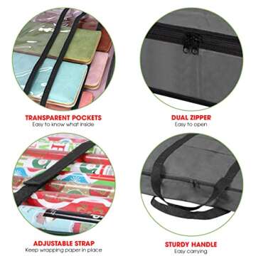 Primode Christmas Wrapping Paper Storage Bag with Pockets | Gift Wrap Organizer Container | 37” x 14” x 4” | Underbed Durable Box Made of 600D Oxford Material (Gray)