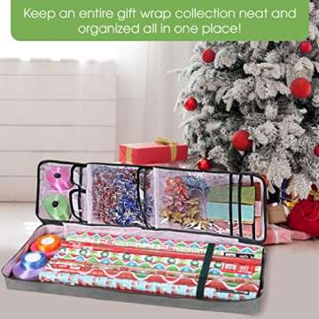 Primode Christmas Wrapping Paper Storage Bag with Pockets | Gift Wrap Organizer Container | 37” x 14” x 4” | Underbed Durable Box Made of 600D Oxford Material (Gray)