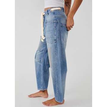 Kedera Womens Baggy Barrel Horseshoe Jeans Wide Leg Patchwork Low Rise Drawstring Denim Pants with P...