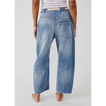 Kedera Womens Baggy Barrel Horseshoe Jeans Wide Leg Patchwork Low Rise Drawstring Denim Pants with Pockets Blue