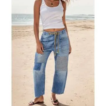 Kedera Womens Baggy Barrel Horseshoe Jeans Wide Leg Patchwork Low Rise Drawstring Denim Pants with Pockets Blue