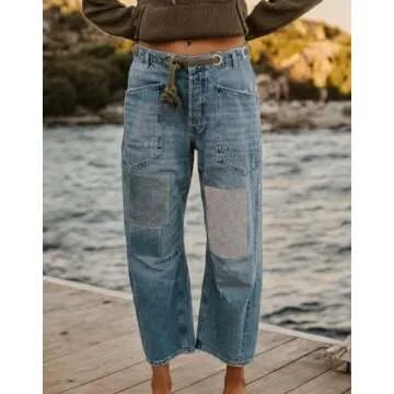 Kedera Womens Baggy Barrel Horseshoe Jeans Wide Leg Patchwork Low Rise Drawstring Denim Pants with Pockets Blue