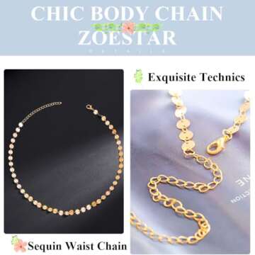 Zoestar Sequin Bikini Body Chain Beach Gold Waist Chain Body Jewelry for Women （1PC)