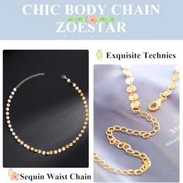 Zoestar Sequin Bikini Body Chain Beach Gold Waist Chain Body Jewelry for Women （1PC)