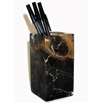 KhanImports Decorative Black and Brown Marble Pencil Holder Cup - Elegant Desk Accessory