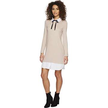 JOA Women's Layered Look Knit Over Blouse Dress with Bow, Taupe, S
