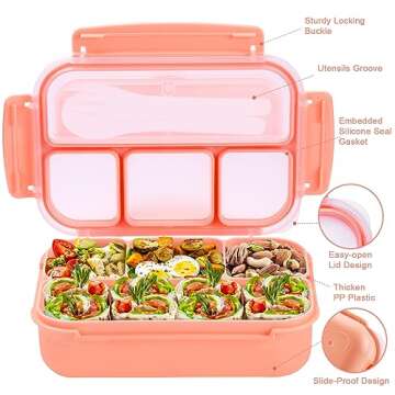 Bento Box Adult Lunch Box, Lunch Containers for Kids Girls Boys with 4 Compartments, Lunchable Food Container with Utensils, Sauce Jar, Muffin Liners, 40 Oz/5 Cup, Microwave & Dishwasher Safe, Pink