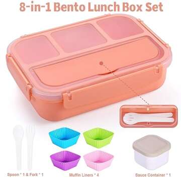 Bento Box Adult Lunch Box, Lunch Containers for Kids Girls Boys with 4 Compartments, Lunchable Food Container with Utensils, Sauce Jar, Muffin Liners, 40 Oz/5 Cup, Microwave & Dishwasher Safe, Pink