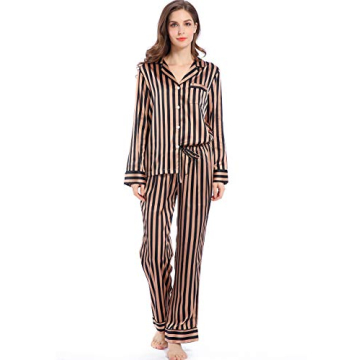Serenedelicacy Women's Satin Pajama Set Long Sleeve Button Down Sleepwear 2-Piece Striped Silky Pj S...